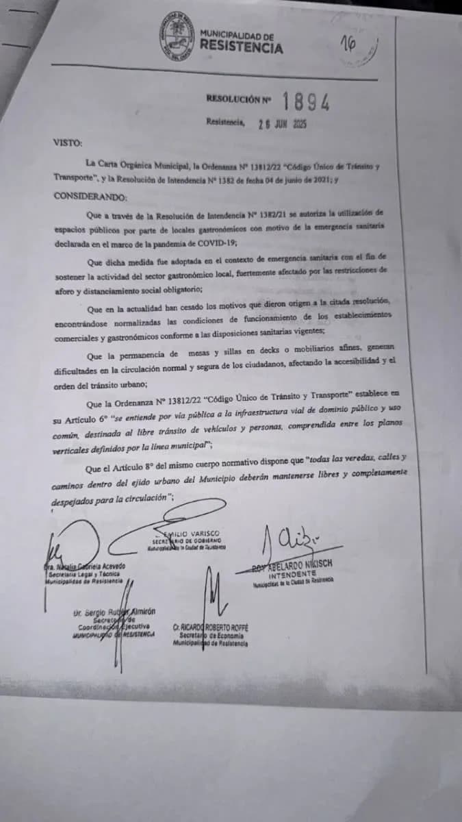 Imagen: Resolución del Municipio de Resistencia
